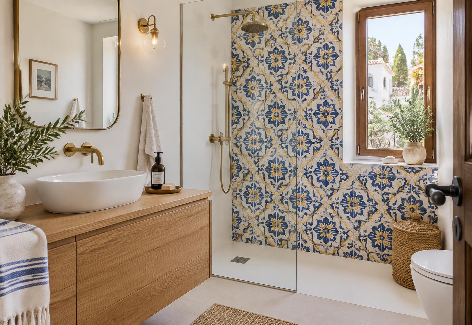Baño reformado en Talavera con acabados premium en azul marino y cobre